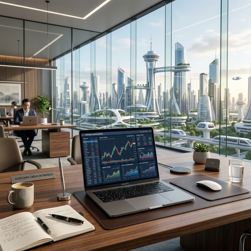 Modern corporate desk overlooking a city skyline